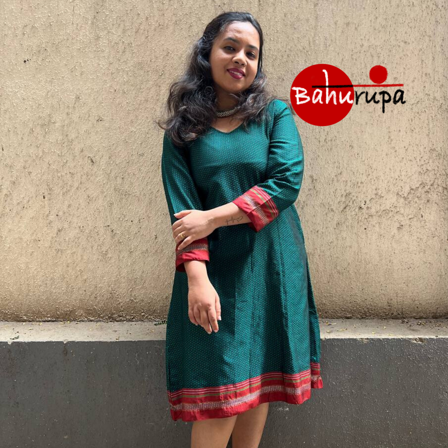 Green Handloom Khun Dress with Red border