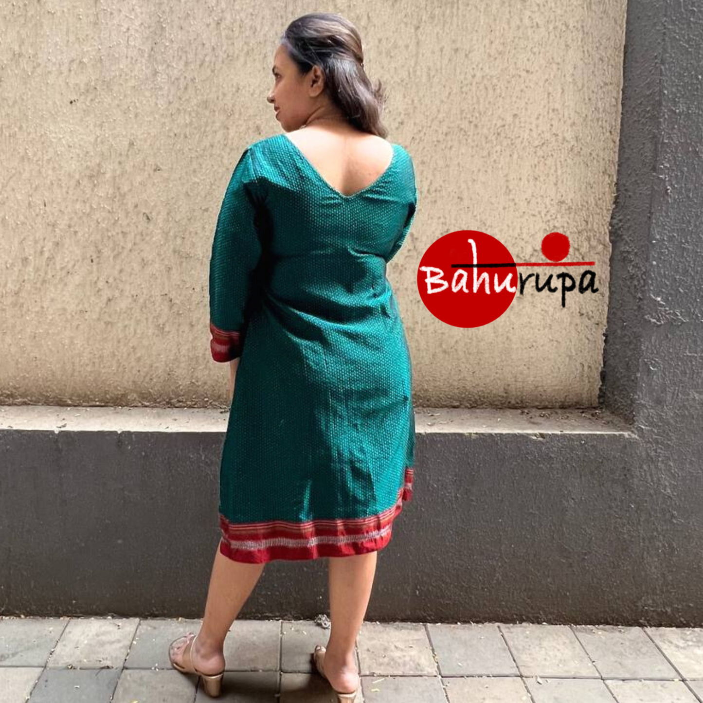 Green Handloom Khun Dress with Red border