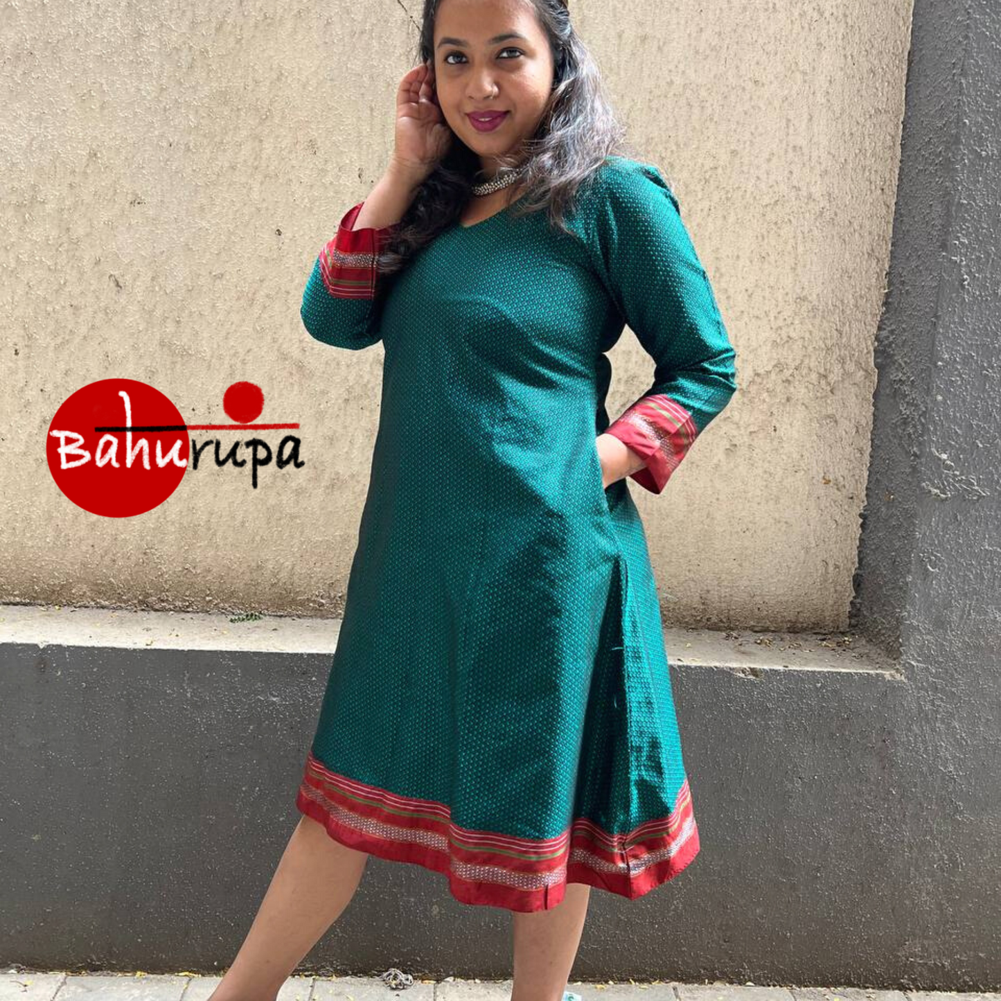 Green Handloom Khun Dress with Red border