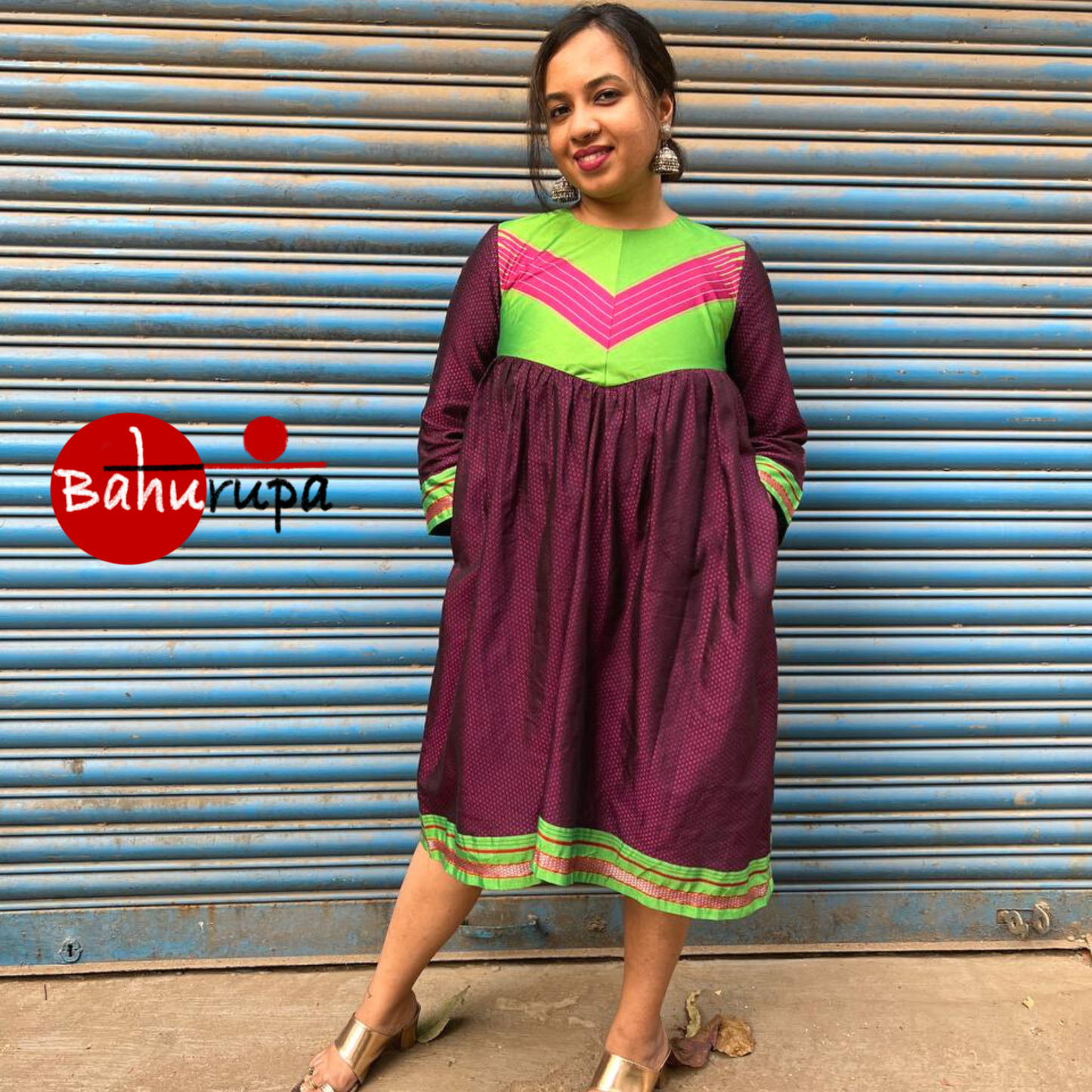 Pink Handloom Khun Dress with Green border