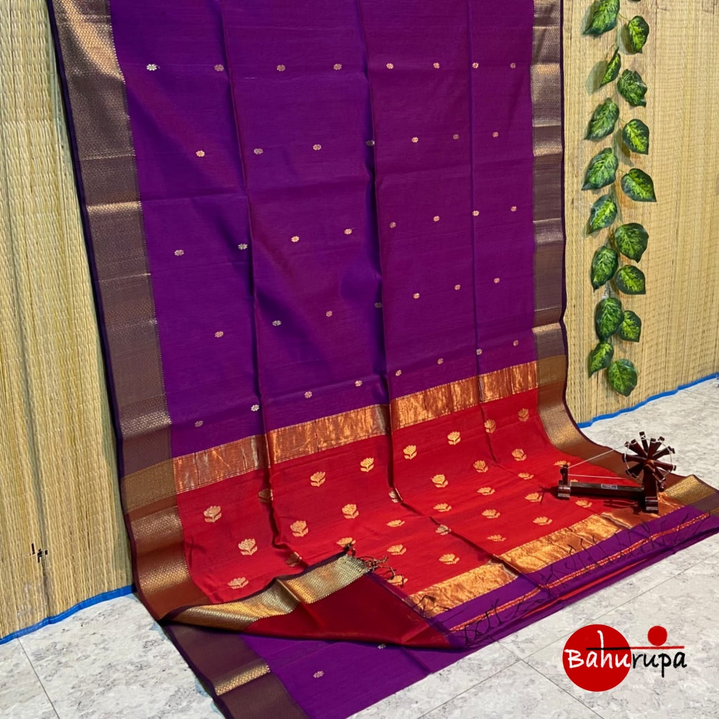 Violet and Orange Maheshwari with Flower Motifs on Pallu