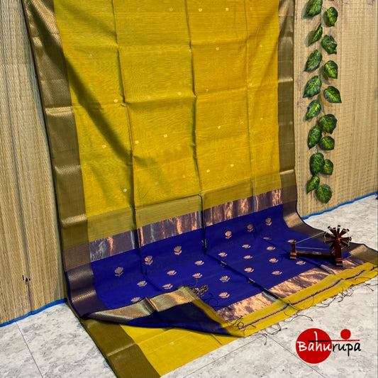 Golden Yellow and BlueMaheshwari with Flower Motifs on Pallu